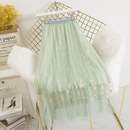 Summer Fashion Skirt Women's Small Fresh Chrysanthemum Print High Waist Slim A-line Fairy Midi Skirt