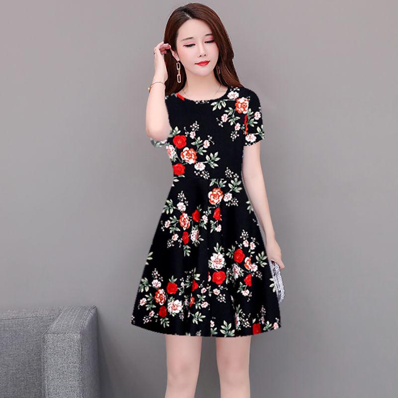Brand Dress Round Neck Women Casual Flower Short Sleeve Skirt Sunmmer  Beach High Waist