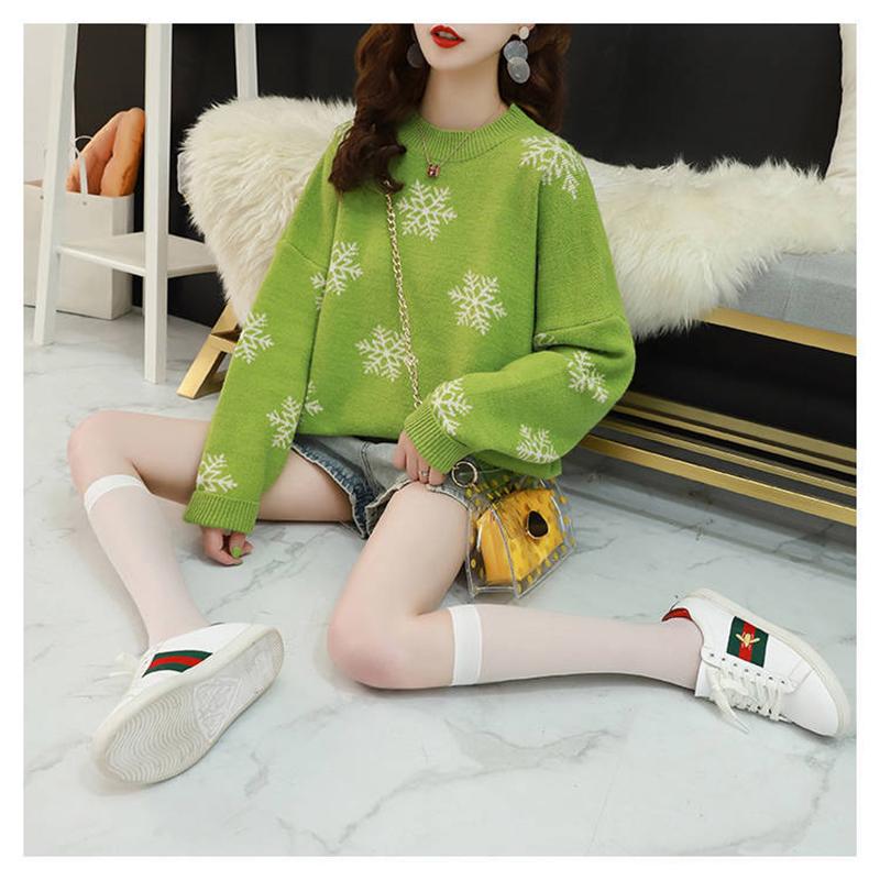 Pofulove Mid-length Cute Sweet Snowflake Polka Dot Sweater Solid Loose Round Neck Pullover