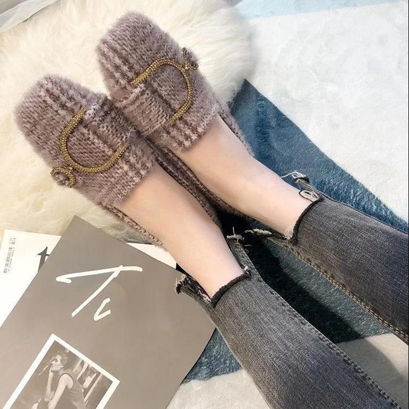 Plus Velvet Moccasin Shoes Women's Autumn and Winter Wear Flat Single Shoes All-match Temperament Women's Shoes Plus Velvet Beanie Shoes