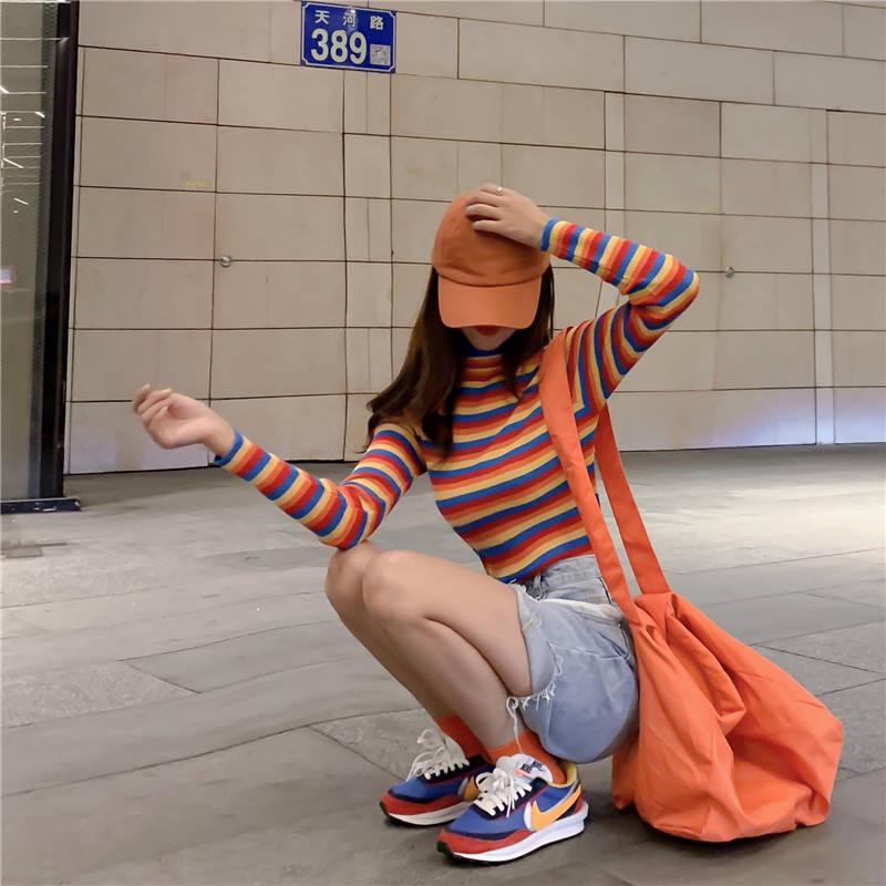 Cute O-neck Colorful Striped Pullover Short Sweater Women Open Navel Slim Waist Knitwear