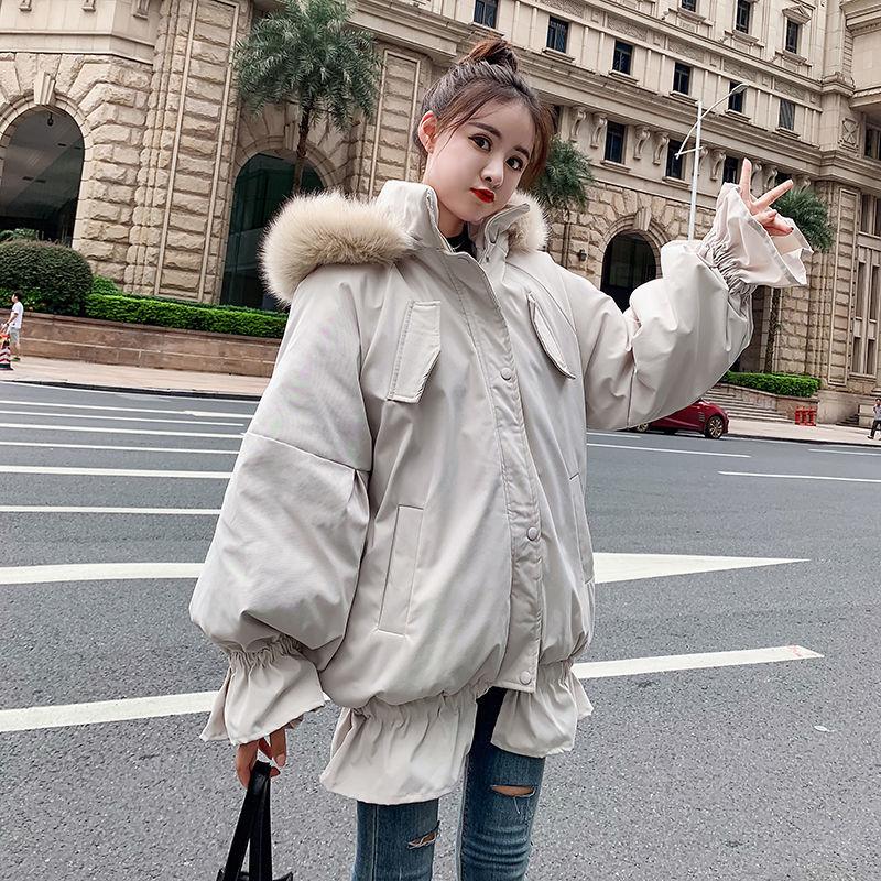 Winter Ruffled Thickened Women's Cotton-padded Jacket Mid-length Fur Collar Hooded Cute Rabbit Ears Cotton-padded Jacket Fashion Warmth Parka Coat