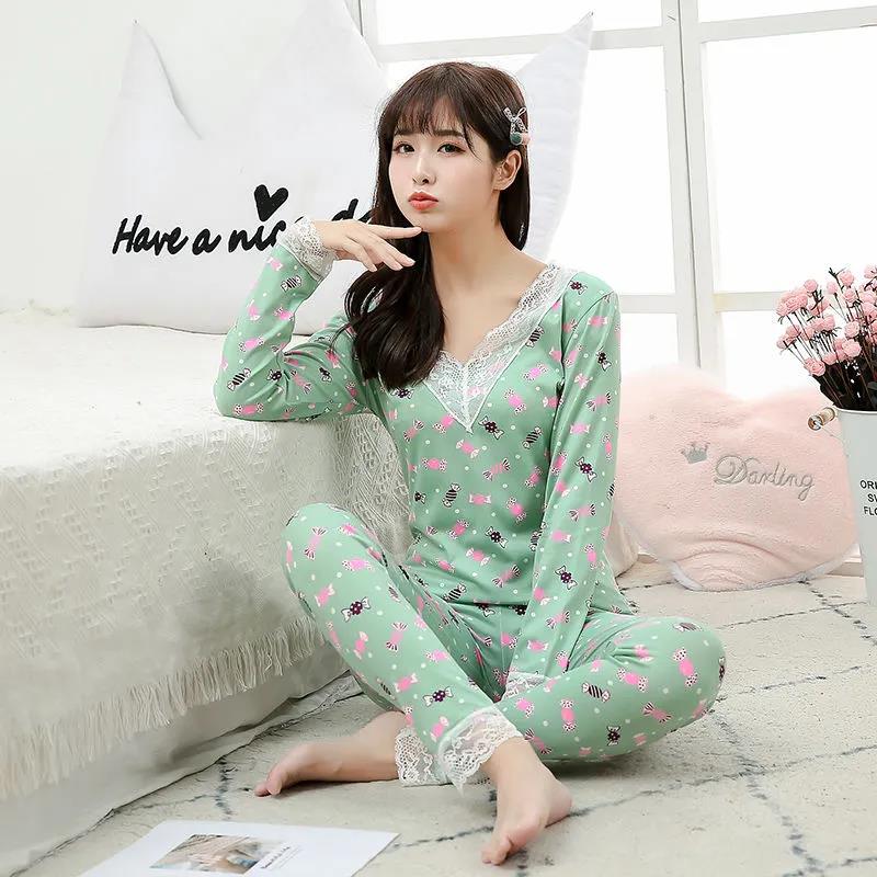 Qiuyi Long Trousers Women's Suit V-neck Round Neck Spring and Autumn Girls Students with Slim Bottoming Underwear Ladies Suit