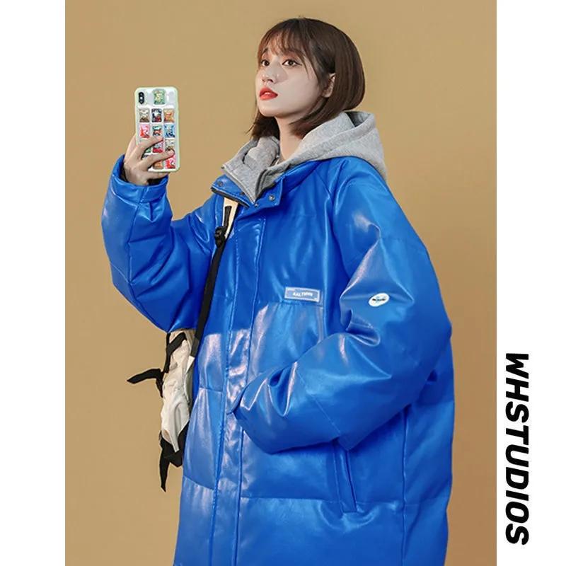 Winter Fake Two-piece Pu Leather Cotton Coat Loose Bread Coat Korean Version Cotton Coat Women's Cotton Jacket Warm Casual Coat Top Outdoor Jacket