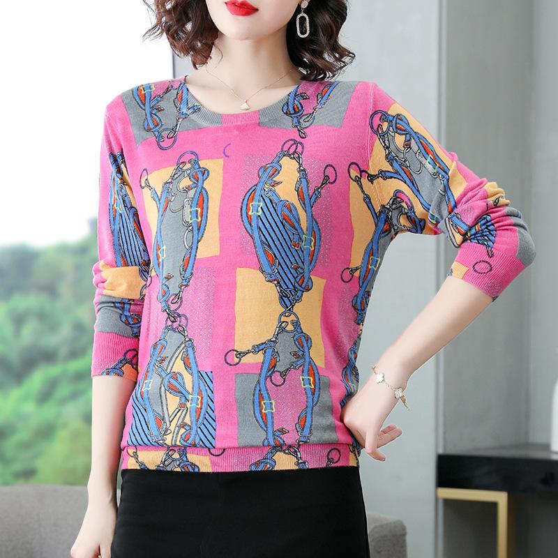 Autumn  Winter Vintage Printed O-Neck Sweater Long Sleeve Pullover Loose Plus Size Wool Blend Sweater Women Knitwear Female Knit Jumper Tops