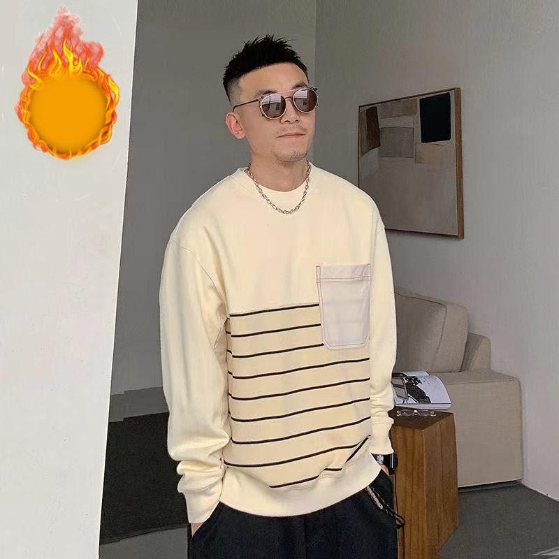 Autumn and Winter Men's Round Neck Stitching Striped Sweater Long-sleeved Loose Jacket Casual Thick Warm Top