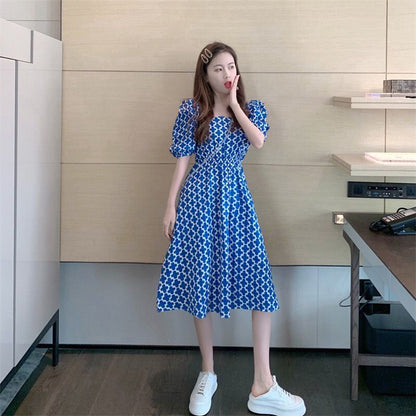 Women's Summer French Elegant Blue Square Shoulder Bubble Sleeve Backless Floral Design Niche Dress