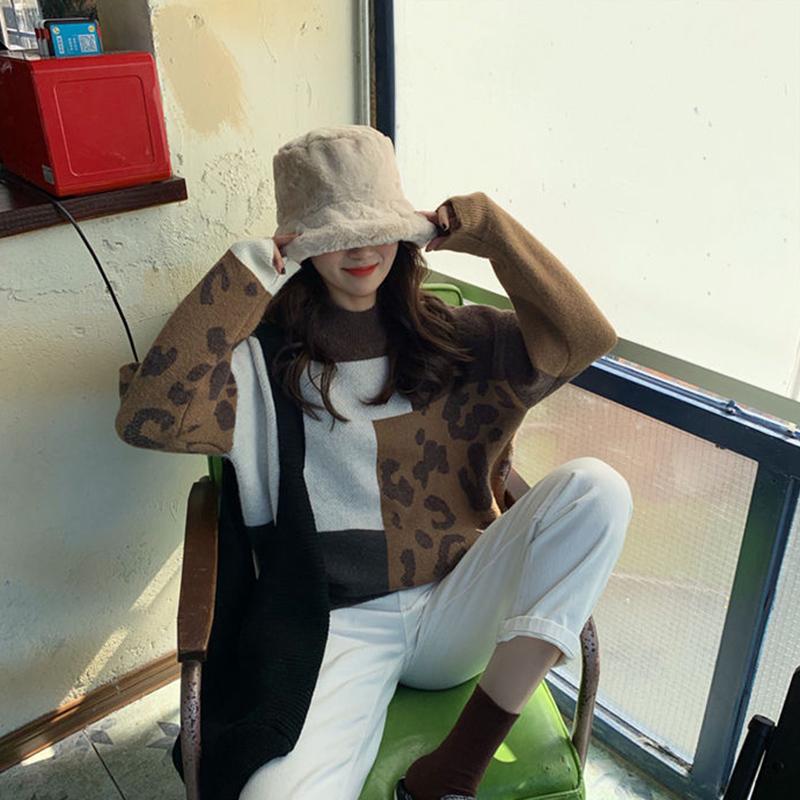 Autumn Winter  Women Fashion Sweater Casual Knitting Sweater Leopard  Round Neck Pullovers Loose Casual Long Sleeve Sweater