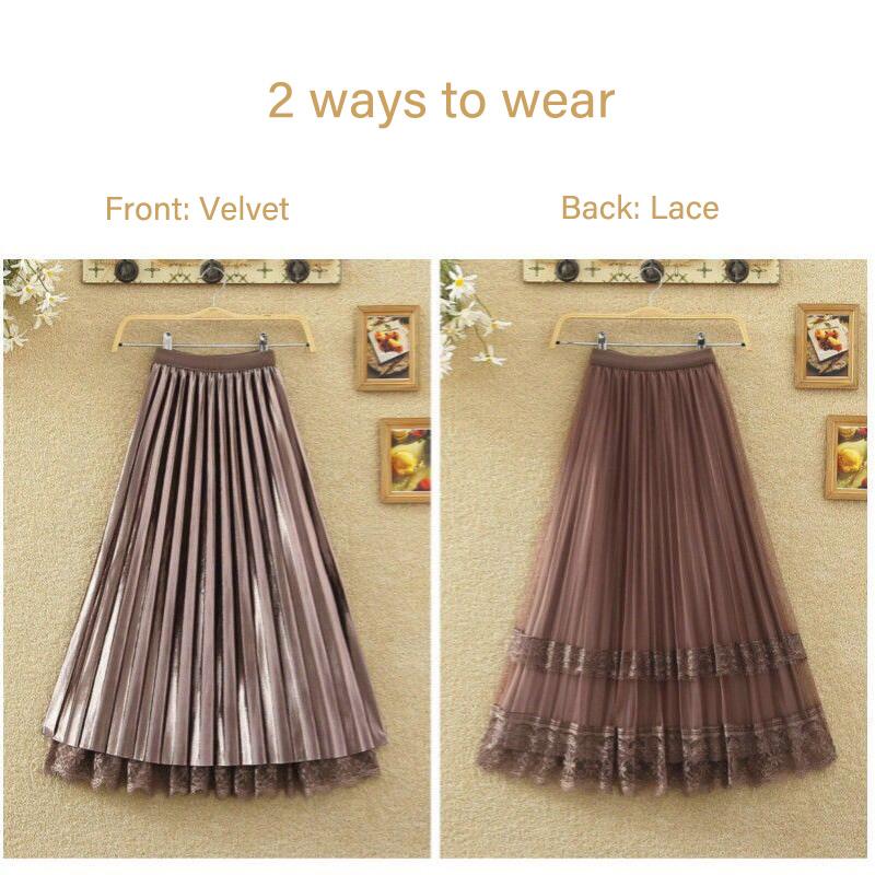 Golden Velvet Yarn Skirt Woman's Mid-length Elastic Waist Printed Lace High Waist A-line Skirt Pleated Skirt School Work Travel