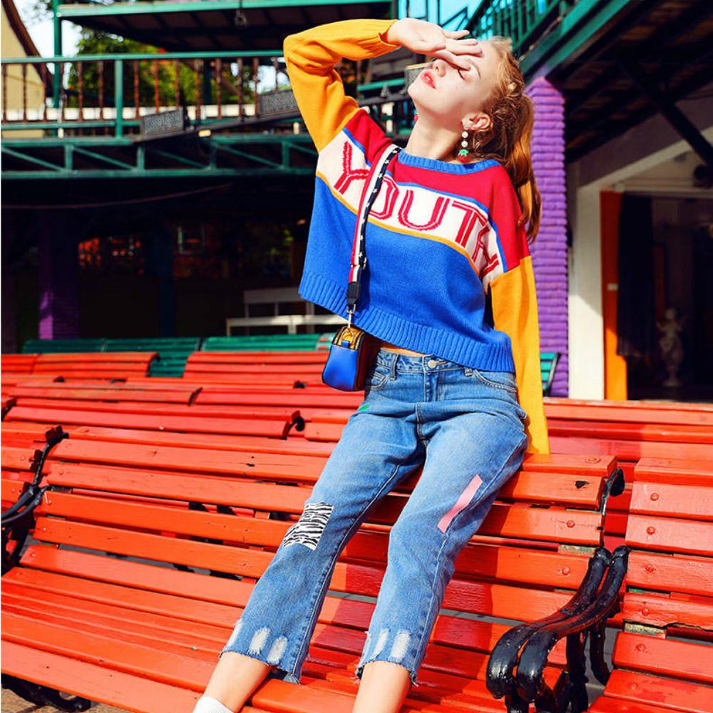 Pofulove stitching sweater female pullover sweater female autumn and winter hit color sweet and cute