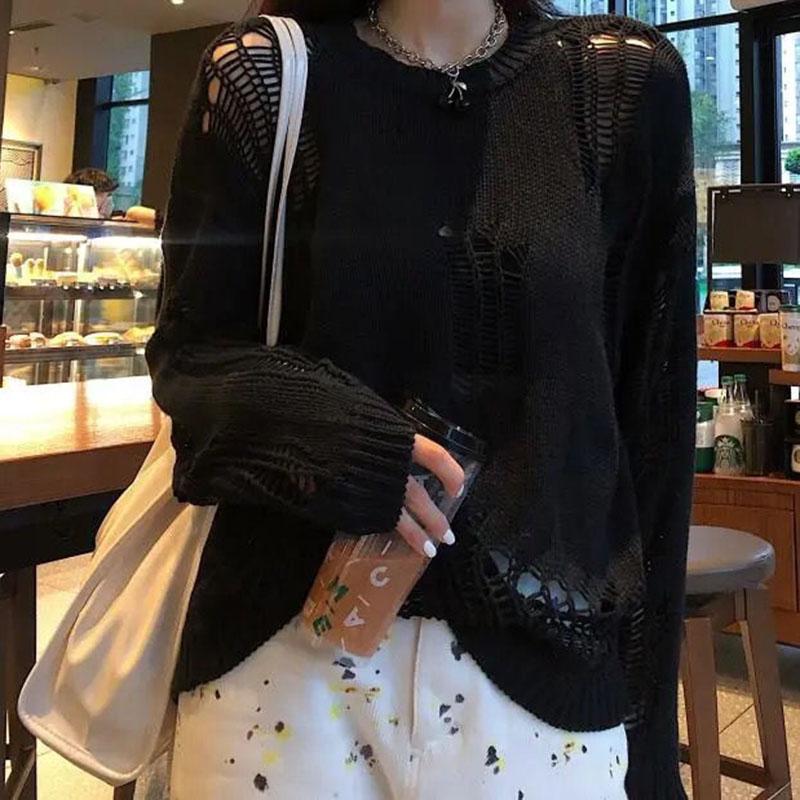 Gothic Punk Hole Sweaters Women  Streetwear Harajuku Sweaters Hollow Out Broken Knitted Jumper Woman Pullover Sweater
