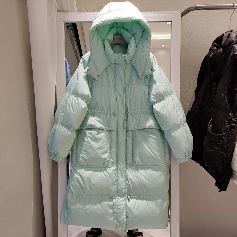 Women's Mid-length Down Jacket Over The Knee Korean Style Loose Thick Hooded Waist Waist Wild White Duck Down Jacket