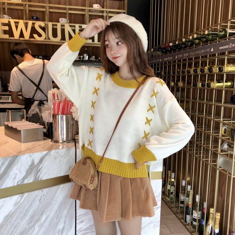 Loose Front Short Back Long Split Knitted Round Neck Jumper Short Wild Sweater Women