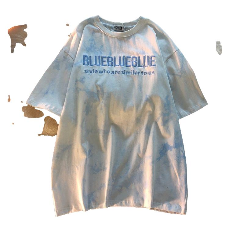 Tie-dye Gradient Embroidery Short-sleeved T-shirt Men Pink Wild Small Fresh Retro Half-sleeved Tide