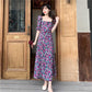 Female Vintage Purple Floral Print Holiday Dress Square Collar Bubble Sleeve Slim Vocation Elegant Dress