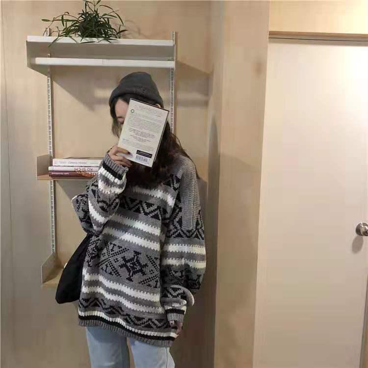 Winter Loose Lazy Wind Pullover O Neck Crew Neck Long-Sleeve Versatile Women Top Retro Sweater