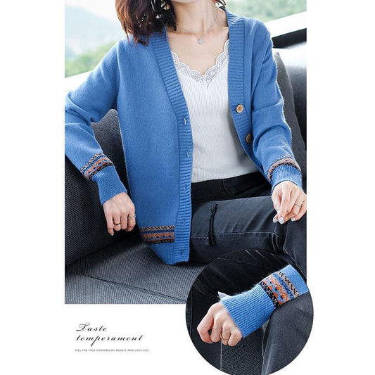 Spring and Autumn Color Jacket V-neck Long-sleeved Sweater Fashion Cardigan Urban Women's Top