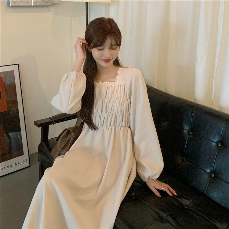 Spring and Autumn Korean Version of French Temperament Square Collar Lace Folds Waist Dress Students