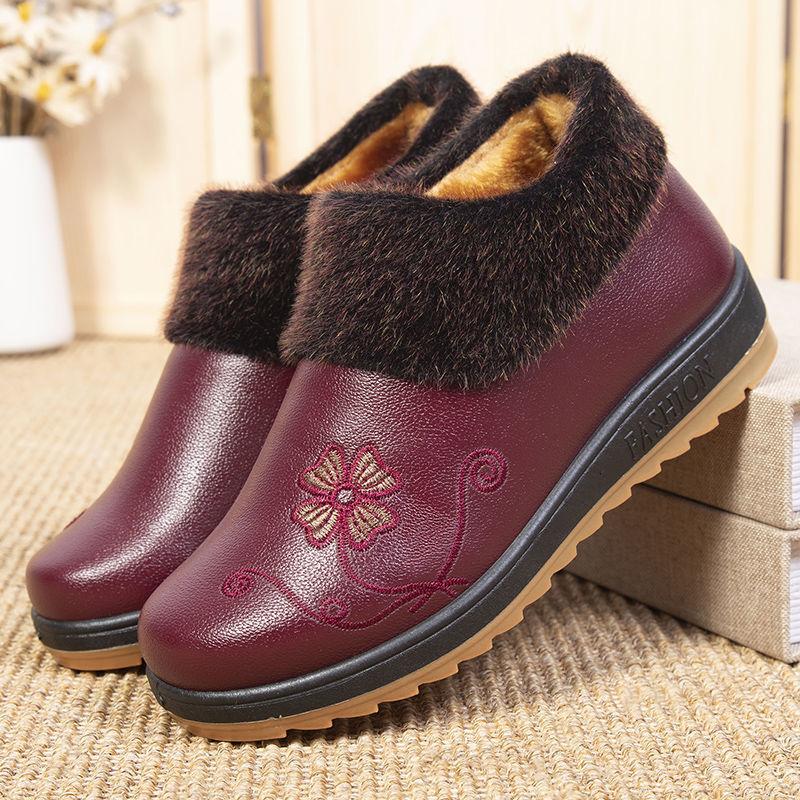 Winter Women's Waterproof Snow Cotton Boots Fleece Warm Flat Non-slip Leather Cotton Shoes