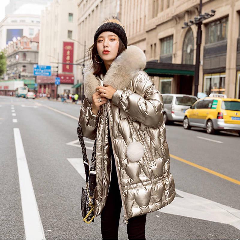 Winter Women's White Duck Down Jacket Fashion Bright Face Fur Collar Jacket Mid-length Thick Warm Cotton Jacket