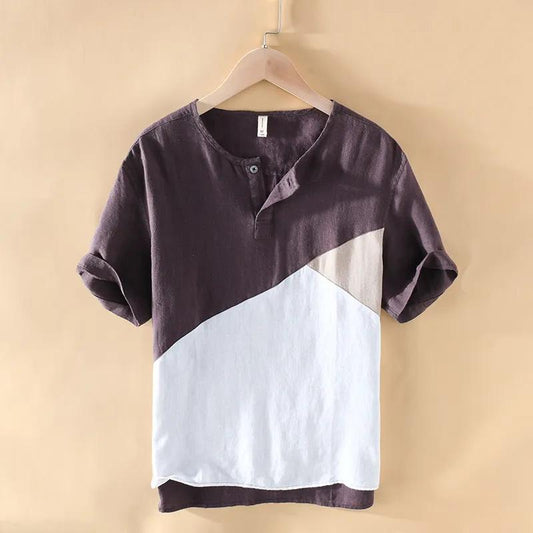 Fresh Round Neck Stitching Color Hit Short-sleeved Linen T-shirt Men's Summer Casual Large Size Loose Cotton and Linen Sweater