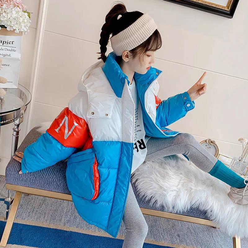 Girls' Warm Cotton Coat Thicken Plus Fleece Windproof Cotton Clothing Mid-length Contrast Stitching Quilted Jacket