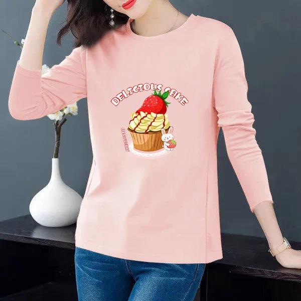 Spring Women Long-sleeved T-shirt Birthday Cake Print Pullover Boutique Bottoming Shirt Casual Loose Shirt