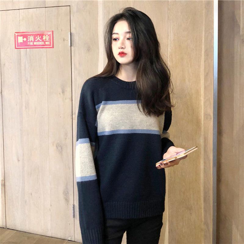 Autumn and Winter Pullover Crew Neck Sweater Korean Style College Style Color Matching Male and Female Students Loose Lazy Knit Jacket
