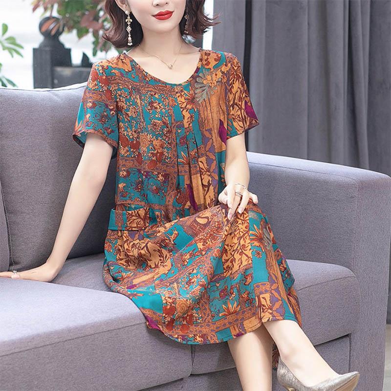 Mom Dress Cotton Silk Dress Large Size Covering Belly Short Sleeve Middle-aged and Older Women Fat People Floral Skirt