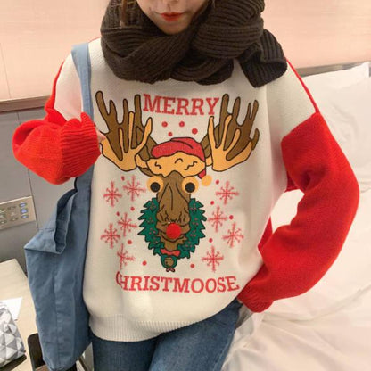 Christmas Sweater Women's Loose Color Matching Cartoon Printed Pullover Knitted Tops