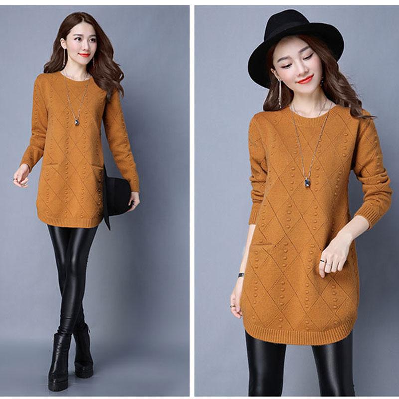Women's Mid-length Knit Sweater Loose  Irregular Hem Pullover Sweater  Knitted  Dress  with Pockets