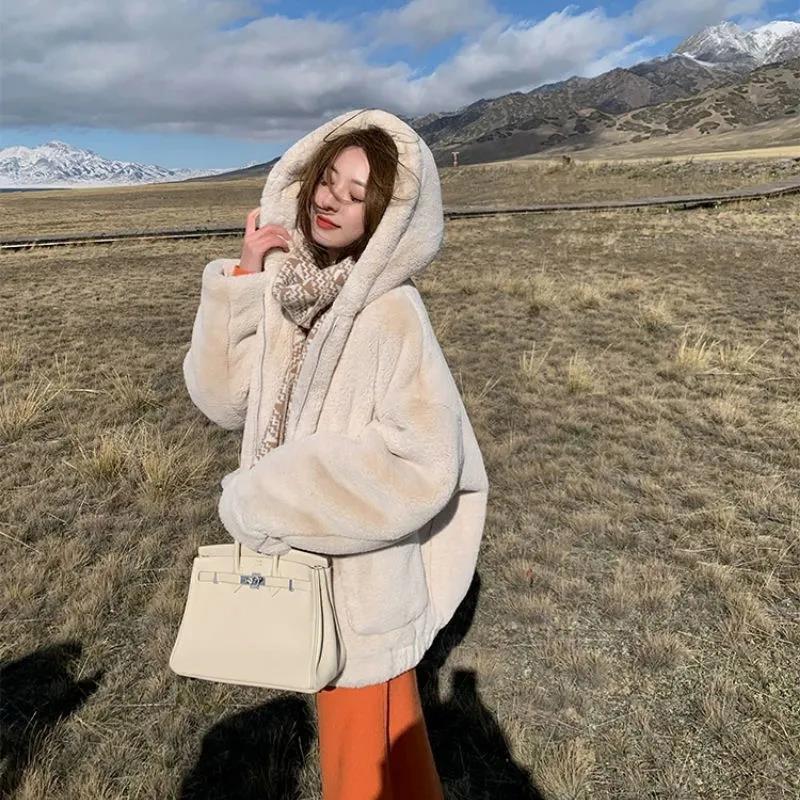 Autumn and Winter Hooded Rabbit Fur Coat Fleece Loose Thick Coat Solid Color Faux Fur Coat Large Size