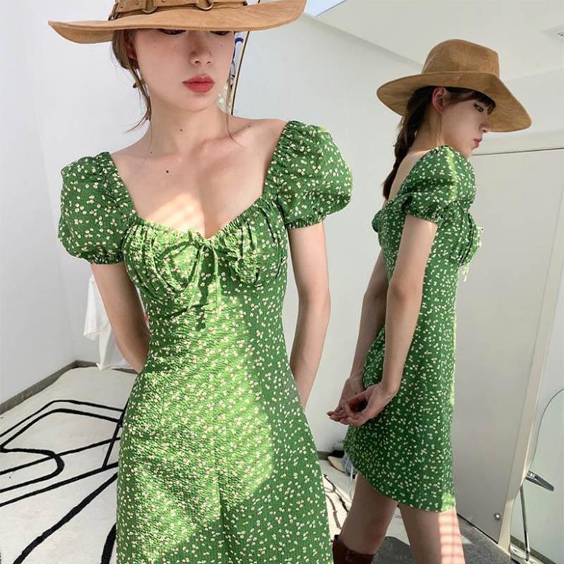 Small Sexy French Floral Dress Sweet Green Waist Skirt