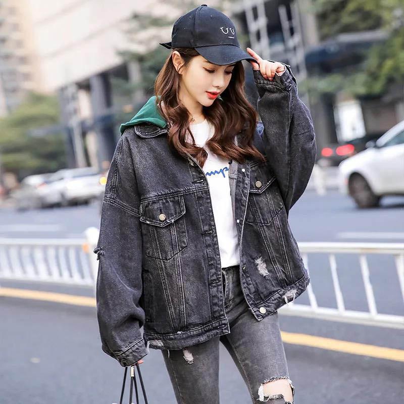 Loose Hooded Denim Jacket Women's Spring and Autumn Models with Broken Holes Embroidered Thin Black Jacket Top Trend