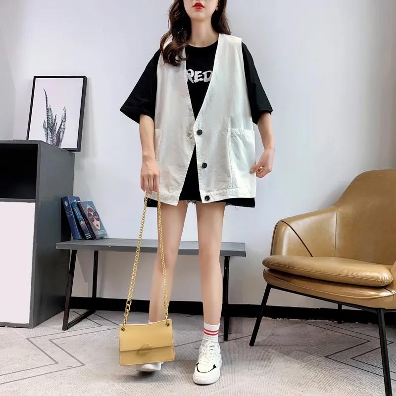 Big Pocket Solid Color Women's Vest Sleeveless Spring and Summer Loose Casual Waistcoat
