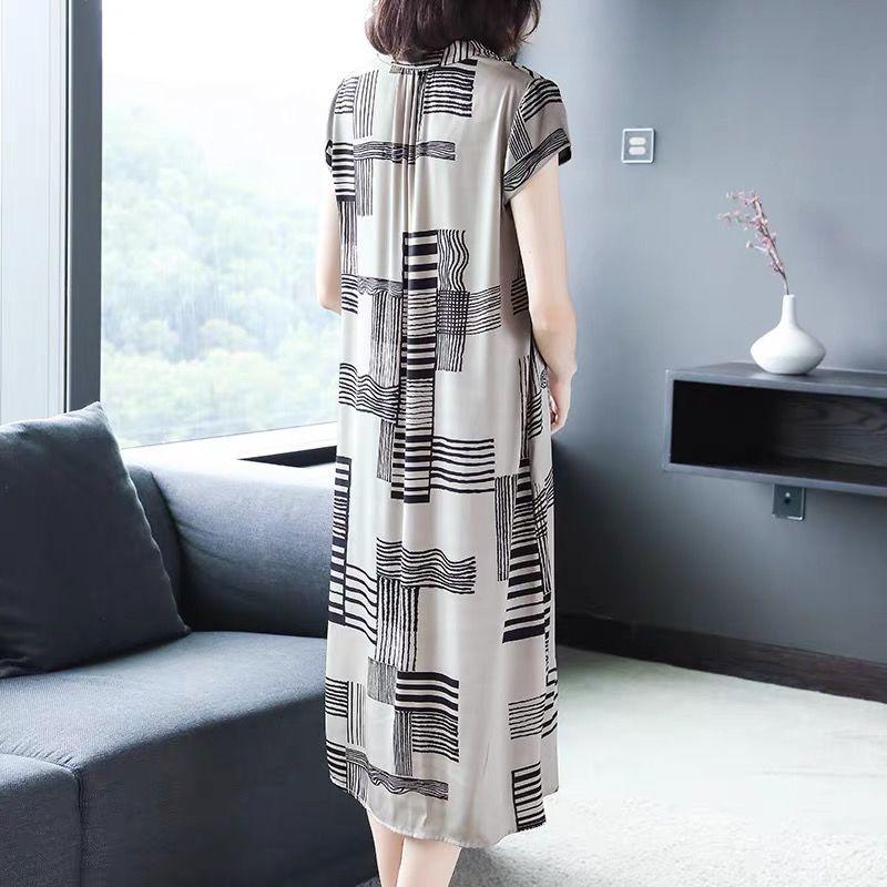Spring Summer Women's Casual All-match Solid Color Striped Pattern Loose Large Size Short Sleeve Over-the-knee Long Skirt