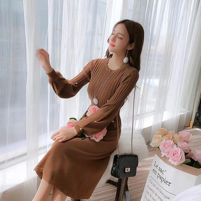 Autumn and Winter Long Solid Color Sweater Knitted Lantern Sleeve Dress Fashion Simple Women Sweater Dress