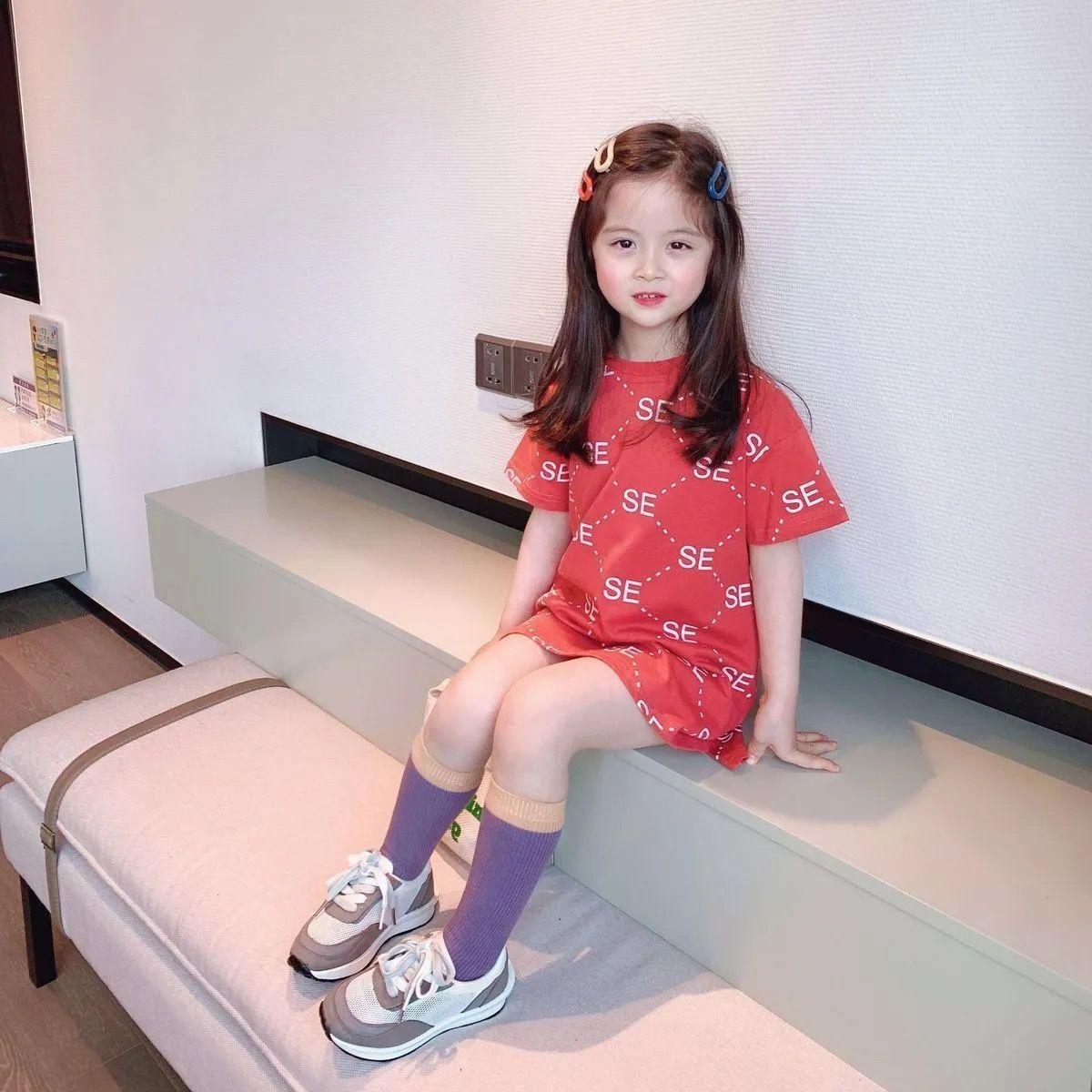 Children Dress Girls' Summer Printed Letter Short Sleeve T shirt Dress Korean Sweet Casual Dress Straight Dress