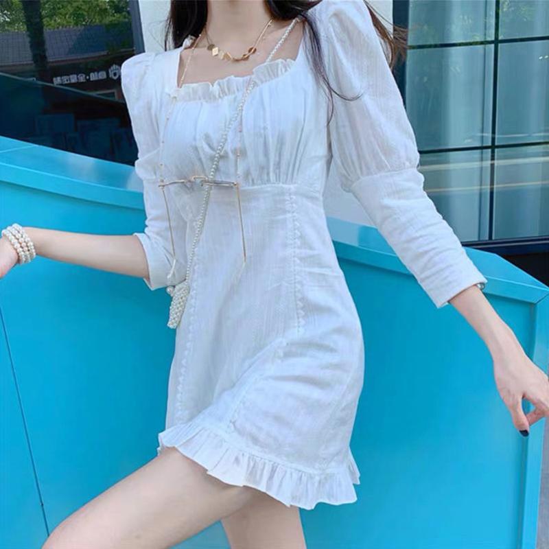 White Sexy Women's Summer Dress Ruffle Knee-length Daily Wear Office Dating Party
