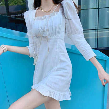 White Sexy Women's Summer Dress Ruffle Knee-length Daily Wear Office Dating Party
