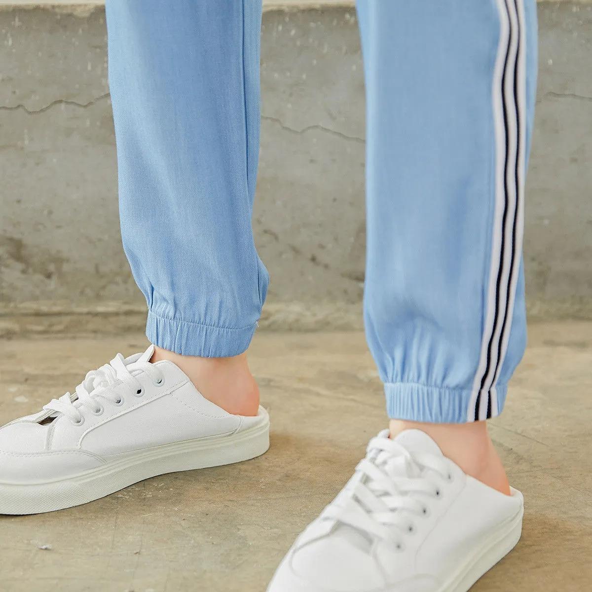 Women's Summer Thin Tencel Jeans Loose Drawstring Leggings Elastic High Waist Straight Pants Sports Casual Pants Harem Trousers Cropped pants