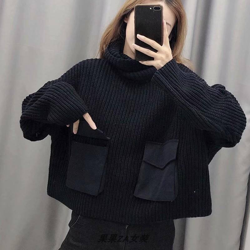 Lazy Wind Loose Head High Collar Women Knit Sweater Pure Black Double Pockets Lady Fashion Sweaters