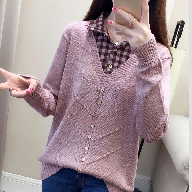 Autumn/Winter Korean Patchwork Pullover Loose Lapel Sweater Female Fake Two Piece Pullover Knitted Sweater Top