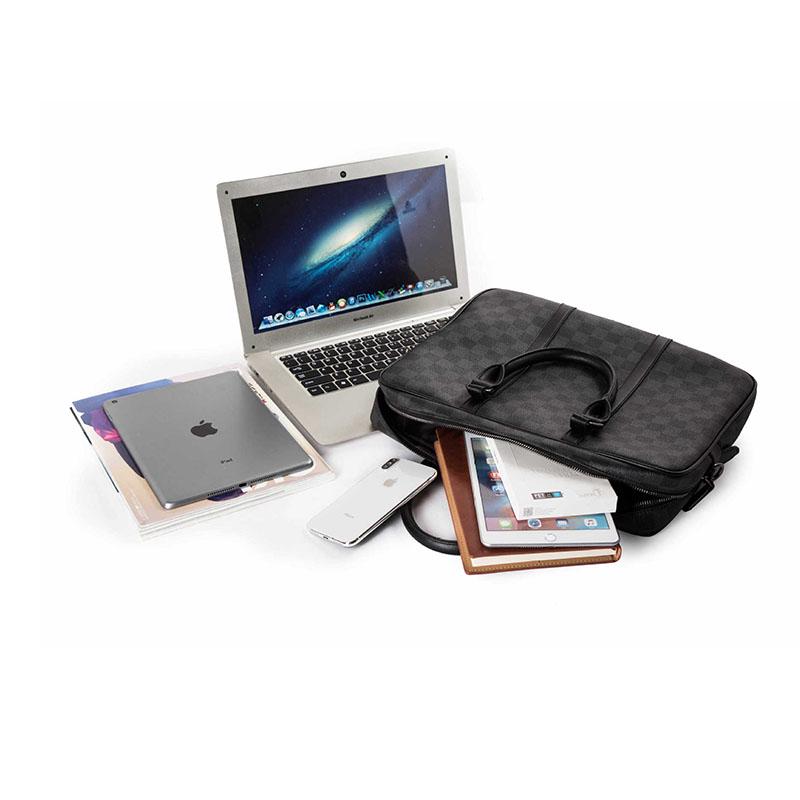 Business Briefcase Men Black Plaid PU Leather Zipper Waterproof Handbag Shoulder Bag Crossbody Bags