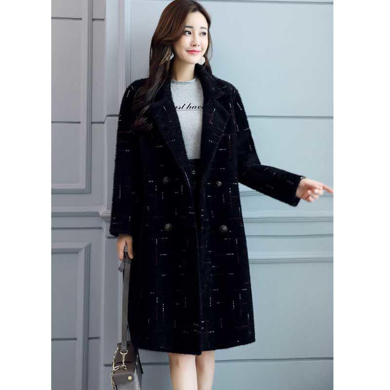 Women's Elegant Mink Fleece Loose Tweed Medium Long Slim Large Striped Tweed Coat