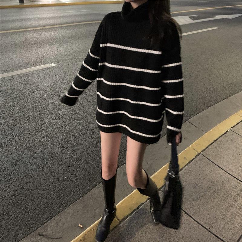 Autumn and Winter Sweater Women's Mid-length Striped Turtleneck Bottoming Shirt Students Slim Sweater Tide