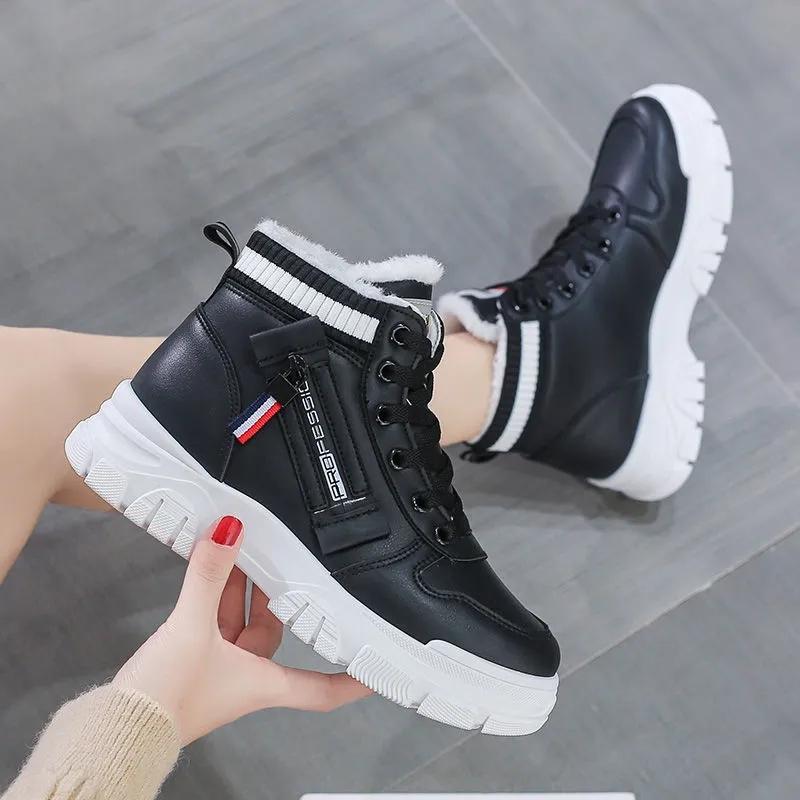 Leather High-top Cotton Boots Women's Shoes Snow Boots Women's Wild Autumn and Winter Plus Velvet White Shoes Women's Cotton Shoes