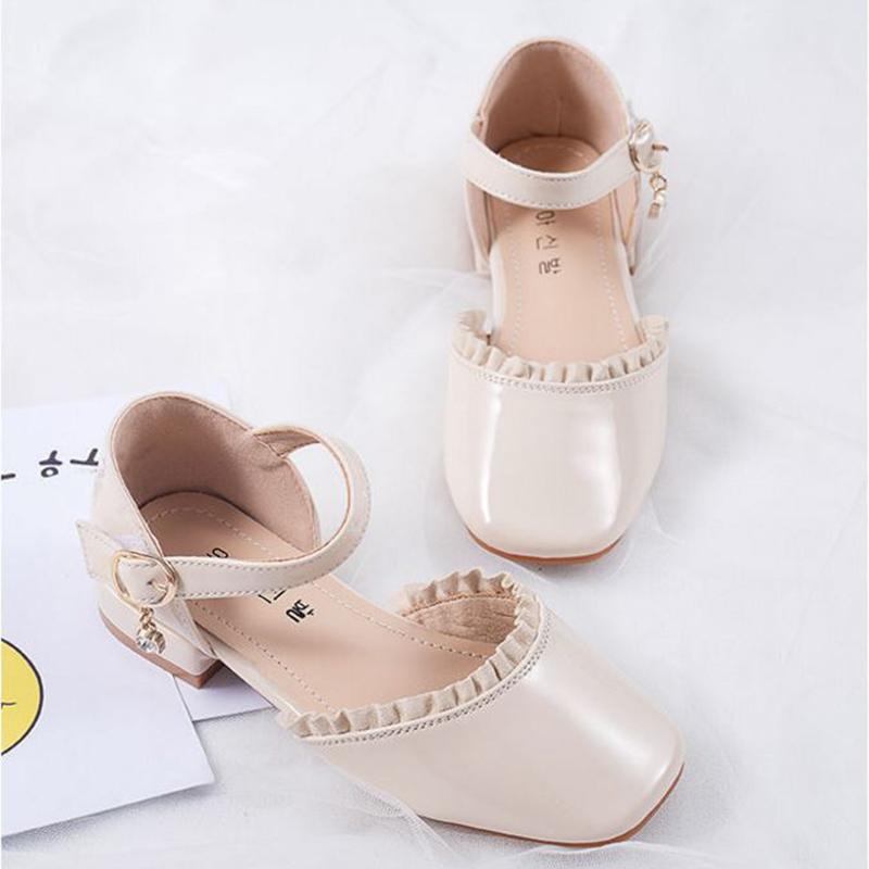 Girls Sandals Half Sandals Lace Small High-heel Fashion Tassel Single Shoes Medium   Large Children's Casual Sandals