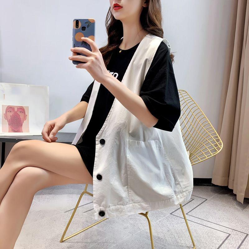 Big Pocket Solid Color Women's Vest Sleeveless Spring and Summer Loose Casual Waistcoat