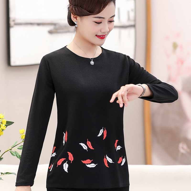 Mother Wear Round Neck Long-sleeved T-shirt Loose Print Shirt New Base Warm Small Shirt Thin Spring and Autumn Clothes